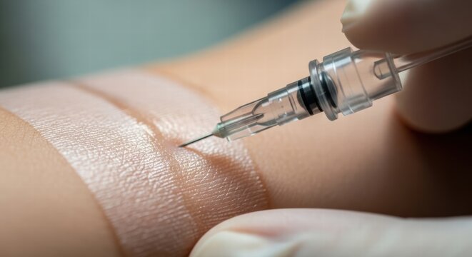 Close-up macro shot of a medical needle injecting into human skin with gloved hand