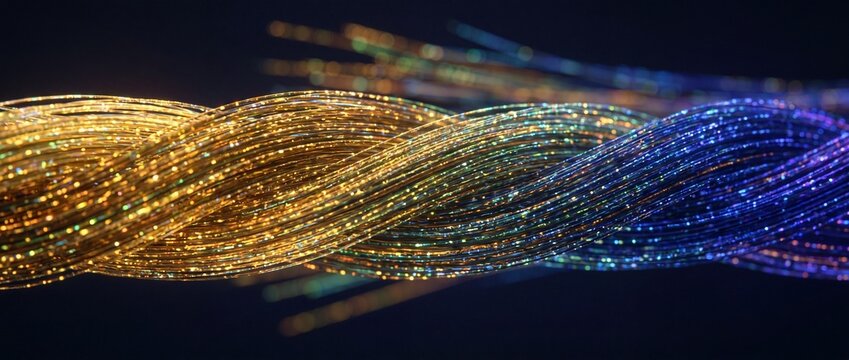 Fiber optic cable network technology transmits glowing high speed data. Abstract futuristic twisted light beams represent fast broadband connection, digital energy transfer, and internet speed.