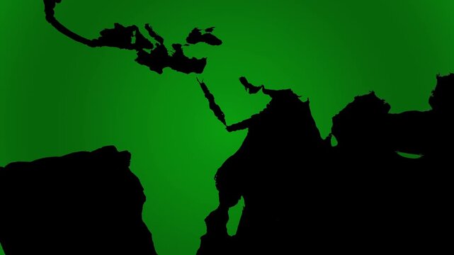 World map animation silhouettes middle east terrain graphics. Regional world map animation details green gradient geographic grids. Digital world map animation monitors continental area layouts.