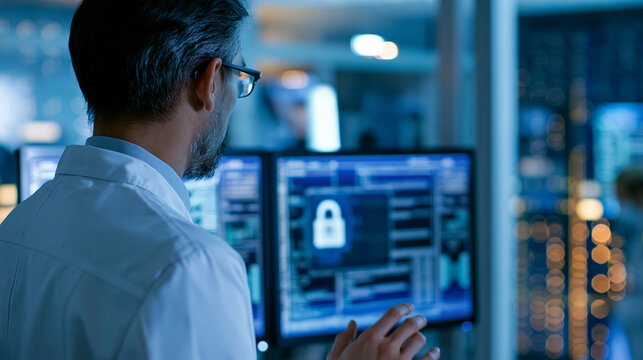 Faceless scientist viewing a secured server through screens in a futuristic laboratory setting, advanced research environment, defocused lab interior in background, secure server
