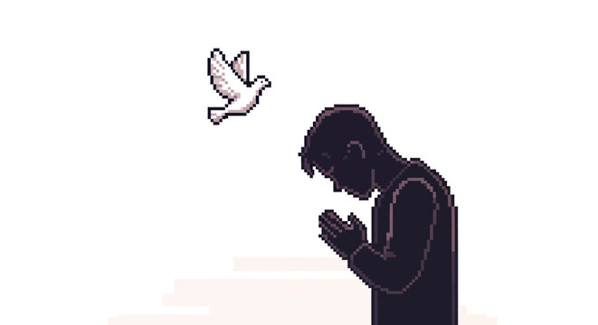 Man praying with hands clasped together.