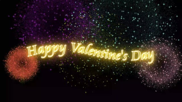 Happy Valentine's Day Neon Text Animation with Colorful Fireworks Burst on Black Background Overlay 4k