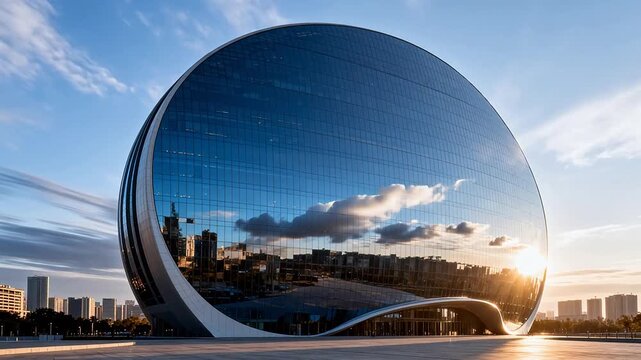 Modern curved glass building reflecting blue sky and clouds with open plaza and highrise background