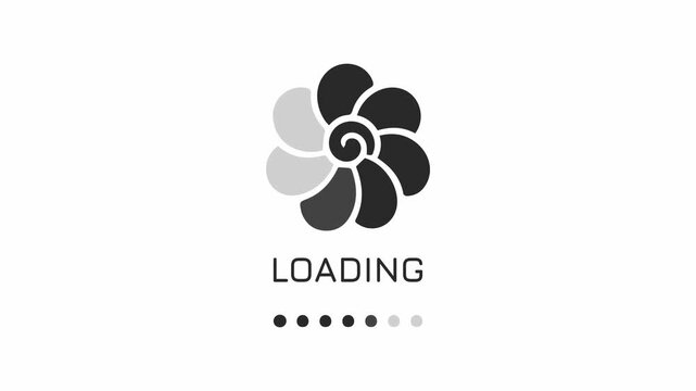 Minimalist black and white digital loading interface screen with a spiral floral icon representing system progress.