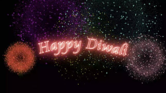 Happy Diwali Neon Typography with Festive Fireworks Explosion on Black Background 4k