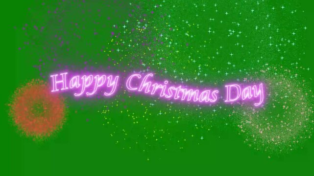 Animated Happy Christmas Day Greeting Text with Festive Fireworks Overlay Isolated on Green Screen 4k