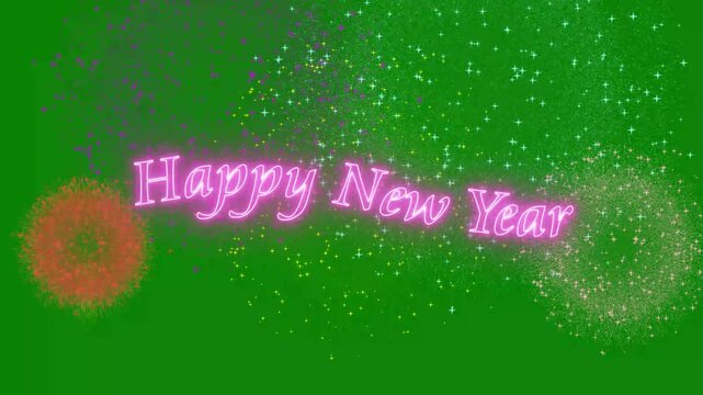 Animated Happy New Year Greeting Text with Colorful Fireworks Overlay Isolated on Green Screen Chroma Key Background 4k