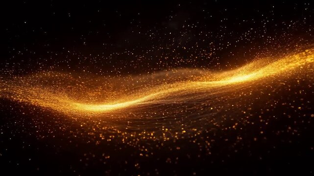 Golden light bands flowing in wavy shape with sparkling dots and fine lines on black background