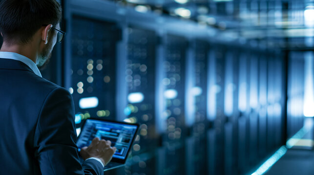 Faceless professional in a suit examining server racks in a high-tech data center during late evening hours, dedicated work atmosphere, defocused dimly lit data center in