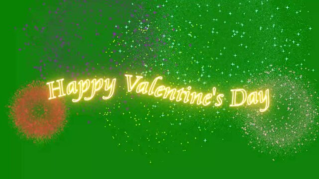 Animated Happy Valentine's Day Greeting Text with Vibrant Fireworks Overlay Isolated on Green Screen 4k
