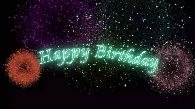 Happy Birthday Neon Text Animation with Colorful Fireworks Burst on Black Background for Celebration Overlay 4k