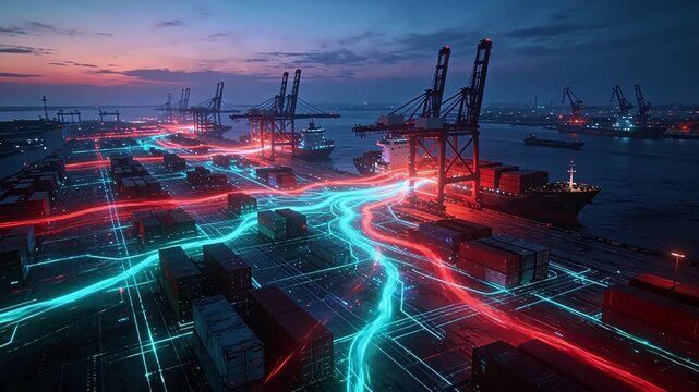 Modern port at dusk with cranes cargo ship and glowing ground lines