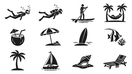 Obraz premium Set of 12 monochrome flat vector icons featuring snorkeling, scuba diving, paddle board, hammock, coconut drink, beach umbrella, surfboard, tropical fish, palm tree, sailboat, seashell