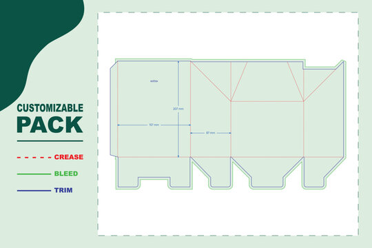 Technical dieline template for foldable packaging box with crease, bleed, and trim lines, featuring precise dimensions and structural layout