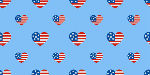 Fototapeta premium Seamless pattern with American flag hearts on blue background. Patriotic United States of America national symbols ornament. Independence Day print for 4th of July celebration.