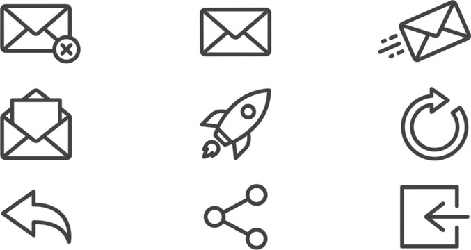 Modern thin line web icons set containing envelope mail rocket ship refresh arrow undo share and login vectors for user interface development