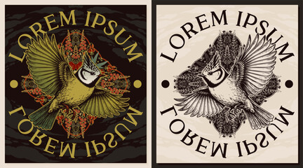 Vintage Victorian Crested Tit Bird T-Shirt Print Graphic with Art Nouveau Floral Badge Ornament © Wetan Clan