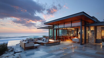 Fototapeta premium Modern luxury villa featuring open living spaces and a stone patio overlooking the calm ocean during a beautiful sunset evening