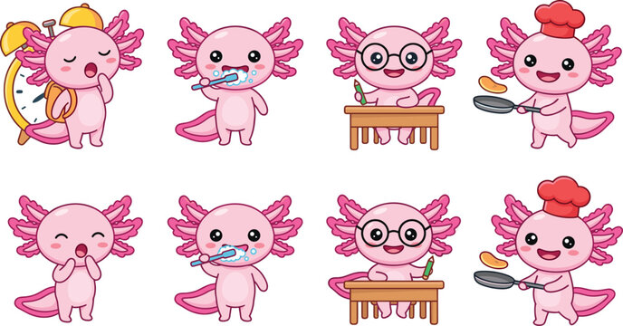 Cute kawaii axolotl cartoon character collection with daily routines, studying, cooking and adorable sticker illustrations