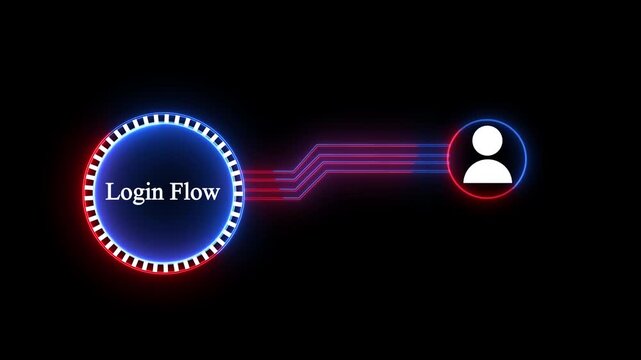 Neon Glowing Login Flow Interface Element with User Avatar Icon and Pulsing Blue and Red Light Digital Laser Circuit Isolated on Black Background for Cyber Security, HUD, and Technology Concept