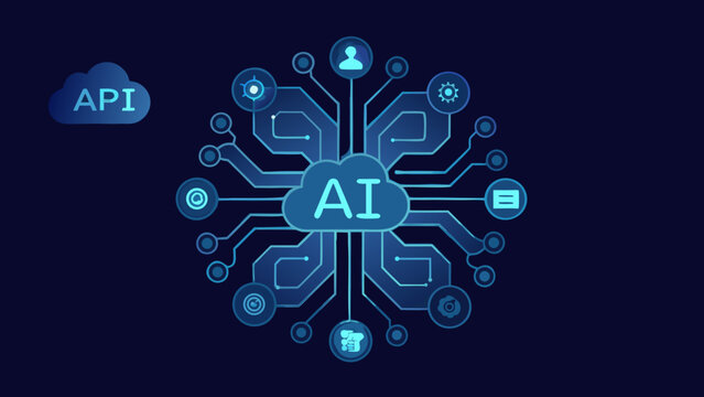Artificial intelligence illustration with connected nodes and api cloud vibrant blue tones machine learning neural network