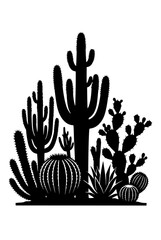 Fototapeta premium Black Silhouette of Various Desert Cactus and Succulent Plants