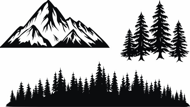 Mountain and coniferous tree silhouettes against a white background a stark monochrome composition alpine ascent black and white