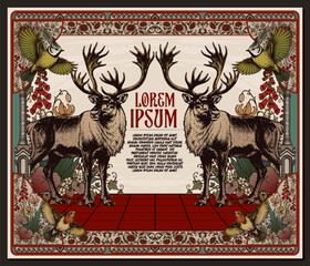 Vintage Victorian Caribou Deer Poster with Art Nouveau Botanical Frame Robin and Crested Tit Birds © Wetan Clan
