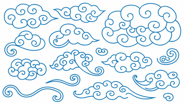 Collection of stylized cloud shapes a blue line vector illustration on a white background azure atmospheric