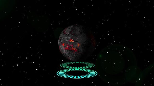 Fiery planet animation hovers inside electric blue rings. Sci-fi fiery planet animation explores starry universe astronomy. Mystical fiery planet animation orbits deep interstellar space.