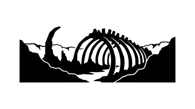 prehistoric animal skeleton silhouette in mountain landscape