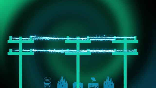 Power line animation transmits bright electric energy pulses. Industrial power line animation structures grid silhouette cities. Infrastructure power line animation flows current data clips.