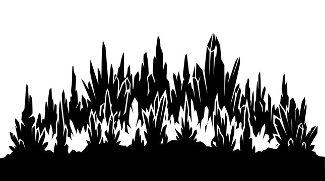 Black silhouette of crystal cluster formation on white background