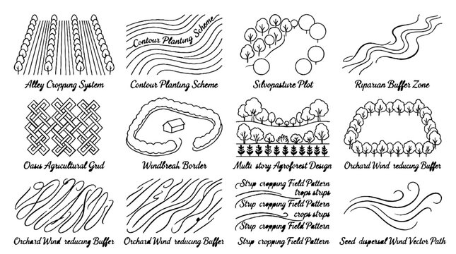 Agroforestry and Sustainable Farming Systems Hand Drawn Illustration Set.