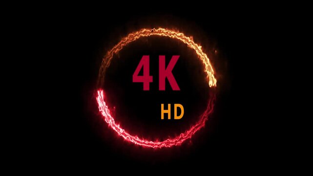 4KHD text animation burns within fiery orange rings. Cinematic 4KHD text animation flashes on dark black backdrops. Resolution 4KHD text animation defines ultimate media quality.