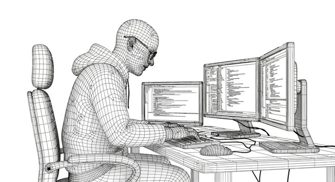 Man working on computer screens.