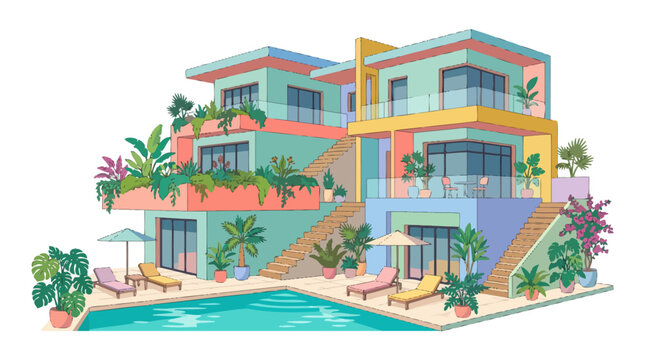 Modern colorful multi level house.