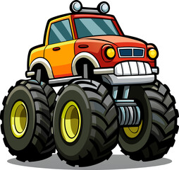 Oversized Monster Truck: A small truck cabin sitting on four comically massive, bouncy black rubber tires, extreme cartoon proportions. © Rj