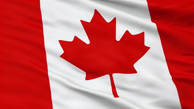 The bright red maple leaf of the Canadian flag ripples in the wind with soft folds