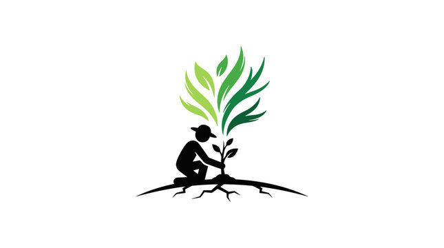 Child planting a small tree with green leaves and roots.