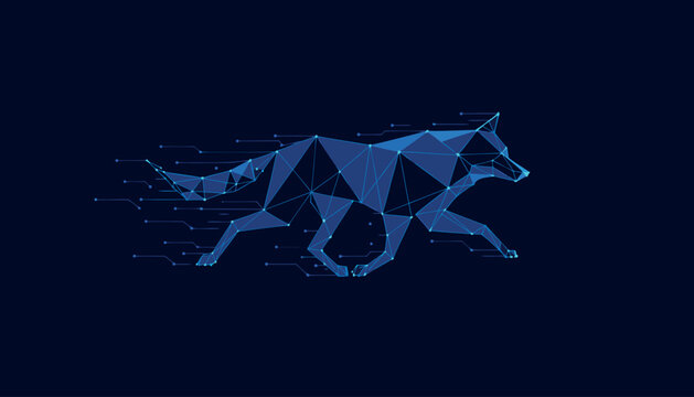 Futuristic Running Wolf Formed with Blue Polygon Mesh and Digital Circuit Trails, Cyber Animal, Speed Technology and Data Network Illustration