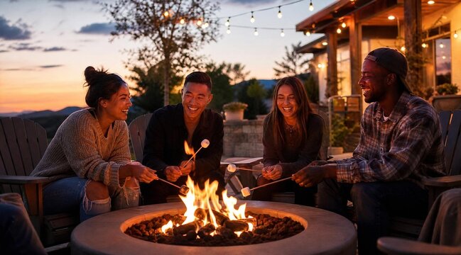 Friends roasting marshmallows around backyard fire pit at sunset