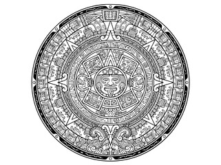 Naklejka premium Aztec Sun Stone Calendar Ancient Mexican Mandala Vector Illustration Coloring Page