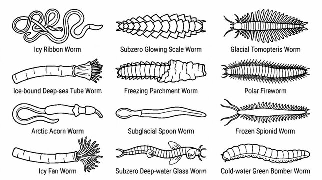 Vintage scientific illustration of various arctic and deep sea worm species in black and white.