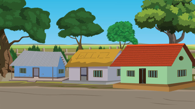 Traditional Indian village roadside street with colorful tiled roof brick houses simple cottages and thatched hut illustration