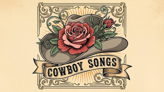 Vintage western cowboy songs illustration with guitar.