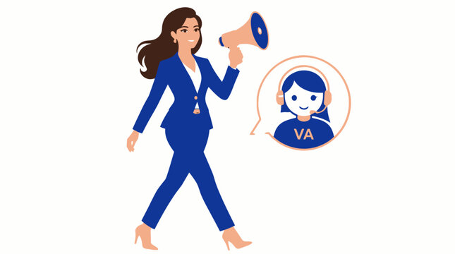 Businesswoman with megaphone and virtual assistant icon.