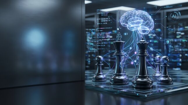 Business strategy chess concept with premium lighting and brain interface