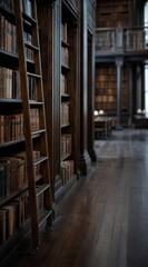 Fototapeta premium Historic university library aisle with rolling ladder