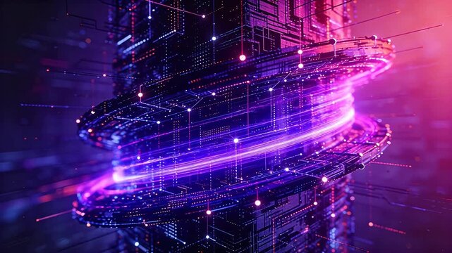 Futuristic building structure with glowing purple pink neon lines and nodes on dark background